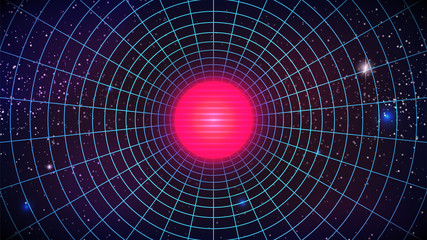 Wall Mural - synthwave sun background. retro futuristic radial grid on dark starry sky. virtual scene with pink g