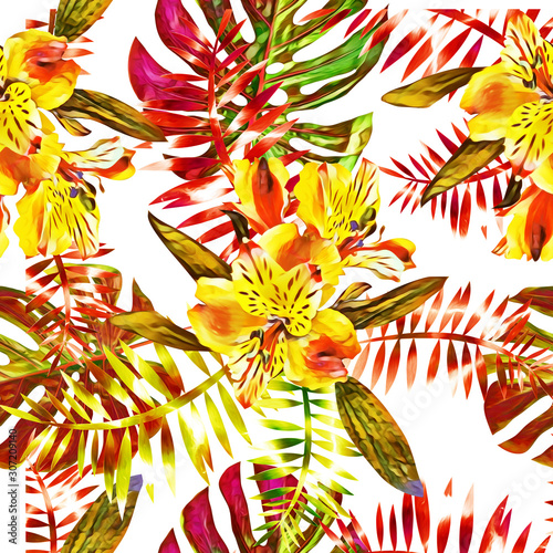 Tropical floral bouquet with orchids, seamless pattern.