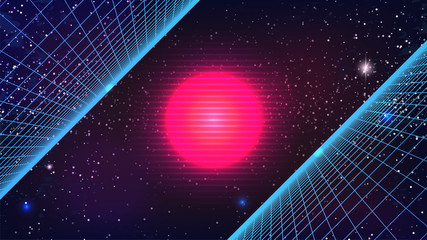 Wall Mural - Synthwave Sun background. 80s Retro Future pink star with blue inclined perspective grids. Sci-fi virtual 3d scene on dark starry sky. Synthwave party flyer, poster template. Stock vector illustration