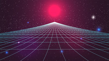 Synthwave Sunset Backround. Retro Future 80s Backdrop. Perspective Grid, Sun, Dark Starry Sky. Futuristic Sci-fi Virtual Scene. 3d Computer Abstract Style. Flyer Template. Stock Vector Illustration