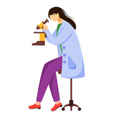 Fototapete - Scientist in lab coat with protection glasses flat vector illustration. Studying medicine, chemistry. Laboratory experiment. Woman with microscope isolated cartoon character on white background
