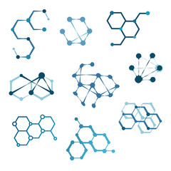 Hexagonal molecule badge. Molecular structure logo, molecular grids and chemistry hexagon molecules templates. Dna macromolecule, science bio code logo. Isolated vector symbols set