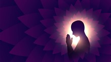 Black Silhouette Of A Praying Person, A Buddhist On A Background Of Bright Light, A Man Meditating