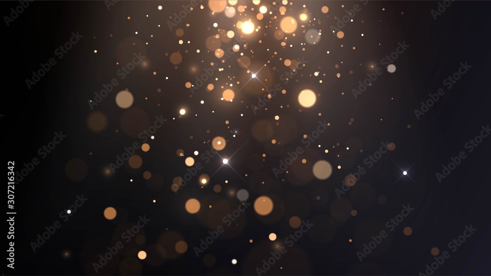 Vector background with golden bokeh, falling golden sparks, dust glitter, blur effect - obrazy, fototapety, plakaty 