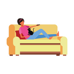 Wall Mural - woman with a cat lying in couch