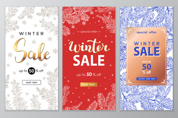 Winter sale vector poster set with discount text and snow elements for shopping promotion.