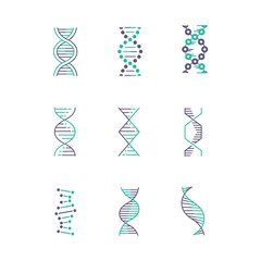 Sticker - DNA spirals violet and turquoise color icons set. Deoxyribonucleic, nucleic acid helix. Spiraling strands. Chromosome. Molecular biology. Genetic code. Genome. Genetics. Isolated vector illustrations