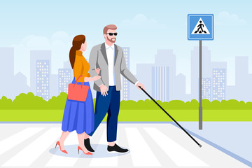 Wall Mural - Woman helps blind man cross road. Taking care of disability people. Vector illustration. Social support concept