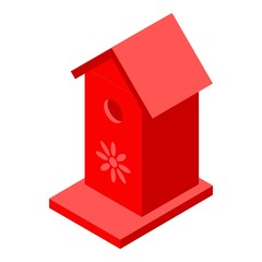 Sticker - Red bird house icon. Isometric of red bird house vector icon for web design isolated on white background