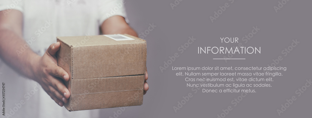 Deliveryman hold parcel box. Freight transportation. Express delivery. Web article template. Long header banner format. Sale coupon. Visit card. Your information. Text space. - obrazy, fototapety, plakaty 