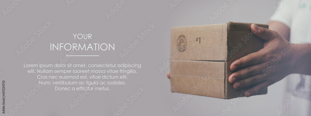 Deliveryman hold parcel box. Freight transportation. Express delivery. Web article template. Long header banner format. Sale coupon. Visit card. Your information. Text space. - obrazy, fototapety, plakaty 