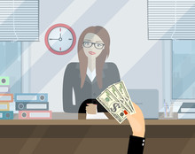 Bank Teller Behind Window. Hand With Cash. Depositing Money In Bank Account. People Service And Payment. Vector Illustration In Flat Style