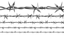 Barbed Wire Of Fence Seamless Pattern Set Vector. Collection Of Metallic Fencing Wire Chain Constructed With Sharp Points Arranged At Intervals Along Strands. Template Realistic 3d Illustrations
