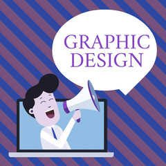 Fototapete - Handwriting text writing Graphic Design. Conceptual photo art or skill of combining text and pictures in advertisements Man Speaking Through Laptop into Loudhailer Blank Speech Bubble Announce