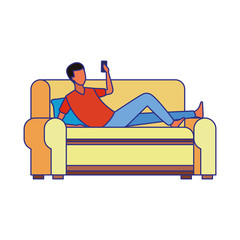 Wall Mural - avatar lying man on couch using a cellphone, colorful design