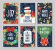 Set of Christmas and New Year greeting cards with hand-drawn elments. On dark blue background.