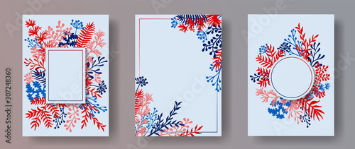 Watercolor herb twigs, tree branches, leaves floral invitation cards set. Her...