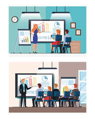 Wall Mural - set of scenes business people meeting with infographics presentation vector illustration design