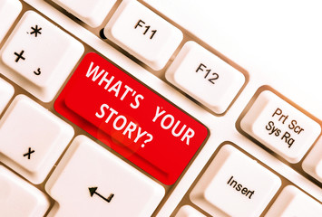 Poster - Word writing text What S Your Story Question. Business photo showcasing asking demonstrating about his past life actions events White pc keyboard with empty note paper above white background key copy