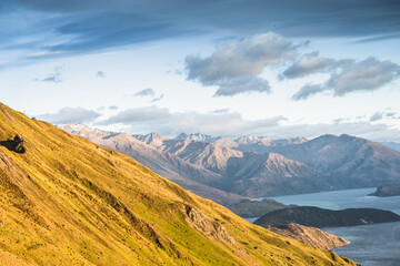 Wall Mural - New Zealand Landscape. Lake View From Mountain Peak. Roys Peak Wanaka South Island NZ. Popular Travel Tourism Destination.