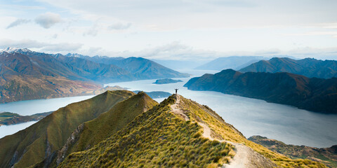 New Zealand Landscape. Lake View From Mountain Peak. Roys Peak Wanaka South Island NZ. Popular Travel Tourism Destination.