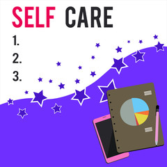 Wall Mural - Text sign showing Self Care. Business photo showcasing Give comfort to your own body without professional consultant Layout Smartphone Off Ballpoint Pen RingBound Notepad Business Pie Chart