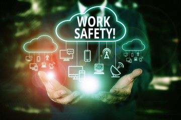 Poster - Writing note showing Work Safety. Business concept for policies and procedures in place to ensure health of employees Male wear formal work suit presenting presentation smart device