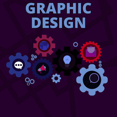 Fototapete - Word writing text Graphic Design. Business photo showcasing art or skill of combining text and pictures in advertisements Set of Global Online Social Networking Icons Inside Colorful Cog Wheel Gear