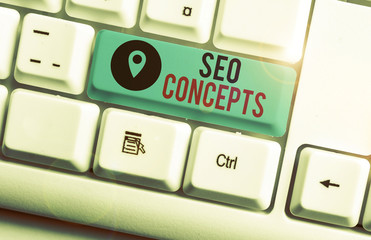 Poster - Text sign showing Seo Concepts. Business photo text a process of increasing the quality of website traffic White pc keyboard with empty note paper above white background key copy space