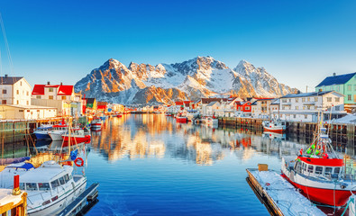 beautiful winter nature scene of fishing town on lofoten islands in norway. amazing sunny landscape 