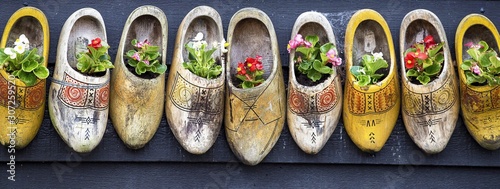 Cuadros en Lienzo Panoramic shot of beautiful flowers in clog shoes on a gray surface