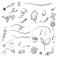 Wall Mural - collection of doodle Swishes, swoops, emphasis doodles. Highlight text elements, calligraphy swirl, tail, flower, heart, graffiti crown.vector