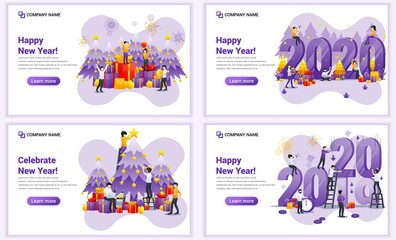  Set of web page design templates for Happy new year 2020, People celebrate new year, Christmas. Can use for web banner, poster, infographics, landing page, web template. Flat vector illustration