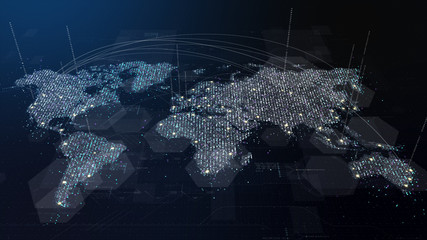 Aufkleber - Futuristic global 5G worldwide communication via broadband internet connections between cities around the world with matrix particles continent map for head up display background