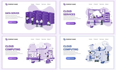 Poster - Set of web page design templates for cloud computing, cloud services, data server. Can use for web banner, poster, infographics, landing page, web template. Flat vector illustration