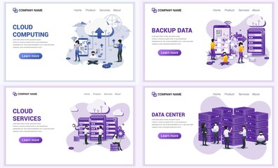 Set of web page design templates for cloud computing, data center. Can use for web banner, poster, infographics, landing page, web template. Flat vector illustration