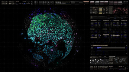 Poster - Futuristic HUD global 5G worldwide communication via broadband internet connections between cities around the world with matrix particles continent map for head up display background