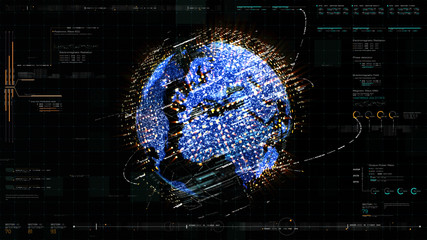 Poster - Futuristic HUD global 5G worldwide communication via broadband internet connections between cities around the world with matrix particles continent map for head up display background