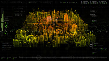Poster - Futuristic holographic city digitally generated image virtual reality matrix particles in cyber space background environment