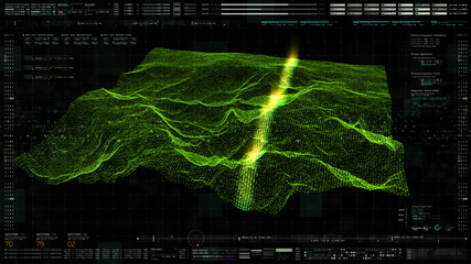 Poster - Advance motion graphic holographic terrain environment, geomorphology, topography and digital data telemetry information display for screen background