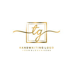 Initial T G handwriting logo design, with brush box lines gold color. handwritten logo for fashion, team, wedding, luxury logo.