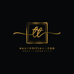 Initial T T handwriting logo design, with brush box lines gold color. handwritten logo for fashion, team, wedding, luxury logo.