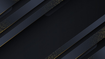 Carbon luxury abstract background with black overlap layers. Texture carbon with luxury golden glitters dots.