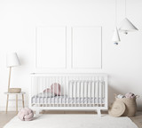 Mock Up Wall In farmhouse Interior Background in baby room with poster frame, nursery mockup, Scandinavian Style, 3D render, 3D illustration