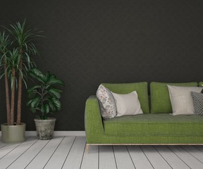 Stylish room with sofa and home plant. Scandinavian interior design. 3D illustration