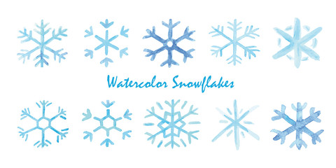 Watercolor set of snowflakes. Hand painted realistic illustration