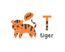 Vector Illustration Of Alphabet Letter T And Tiger
