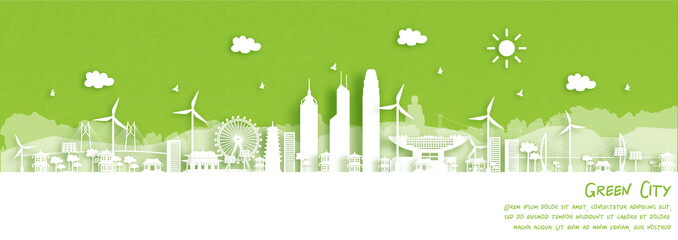 Green city of Hong Kong, China. Environment and ecology concept. Vector illustration.