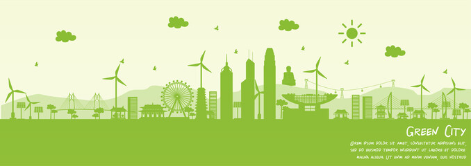 Fototapete - Green city of Hong Kong, China. Environment and ecology concept. Vector illustration.