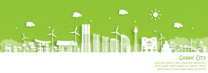 Fototapete - Green city of Yokohama, Japan. Environment and ecology concept in paper cut style. Vector illustration.